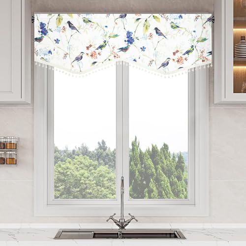 VOGOL Country Style Valances for Windows, Short Blue Bird Pattern Privacy Scalloped Valance Curtains for Living Room, Decorative Window Topper with Shining Beads, 52x16, 1 Piece - color: Birds Blue, size: 52"W x 16"L (Pack of 1)