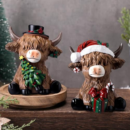 Karenhi 2 Pcs Highland Cow Figurines Resin Christmas Decor for Home Office - style: Christmas