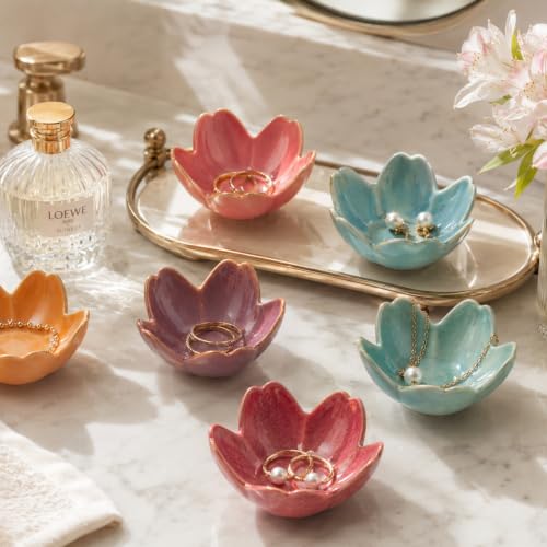 Floral Ceramic Jewelry Tray, 3.5" Ring Holder Trinket Bowl - color: orange