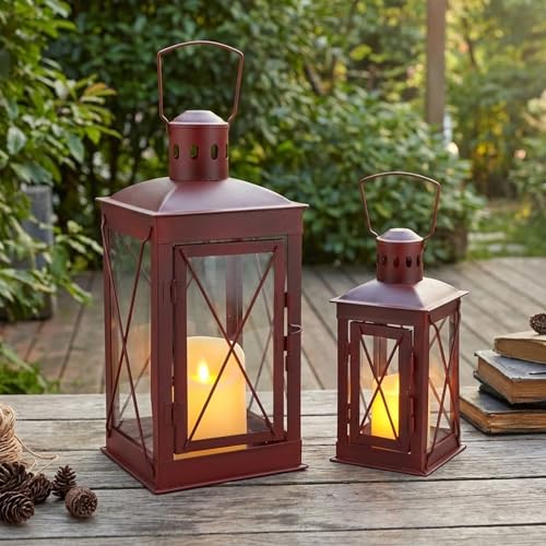 TRIROCKS Set of 2 Decorative Candle Lantern 14/10'' High (Antique Red) - color: Antique Red