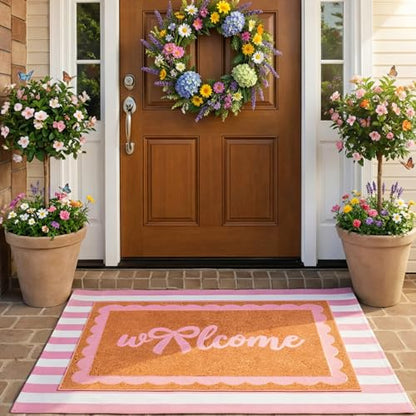 Tinideya 2 Pcs Pink Welcome Mats for Front Door Pink Stripe Layered Doormat - color: Pink