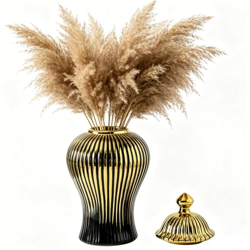 Ginger Jars, Porcelain Ginger Jar with Lid Modern Handmade, Decorative Ceramic Vase, Black and Gold Flower Vase for Centerpieces, Table Center, Temple Jar(12in) - color: Black and Gold, size: 12 Inch