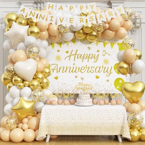 Happy Anniversary Decorations, 89pcs Wedding & Work Anniversary Party Decorations for Women Men, 50th 60th 30th 20th, Backdrop, Banner, Tablecloth, Foil & Latex Balloons, Cake Topper