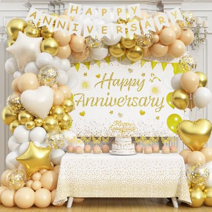 Happy Anniversary Decorations, 89pcs Wedding & Work Anniversary Party Decorations for Women Men, 50th 60th 30th 20th, Backdrop, Banner, Tablecloth, Foil & Latex Balloons, Cake Topper