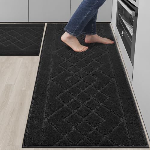 BEQHAUSE Kitchen Rugs Set of 2 Non Slip Runner, 24"x36"+24"x60", Black - color: Black, size: 24" X 36" + 24" X 60"