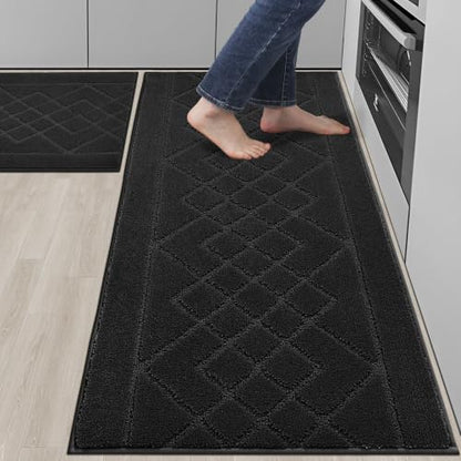 BEQHAUSE Kitchen Rugs Set of 2 Non Slip Runner, 24"x36"+24"x60", Black - color: Black, size: 24" X 36" + 24" X 60"