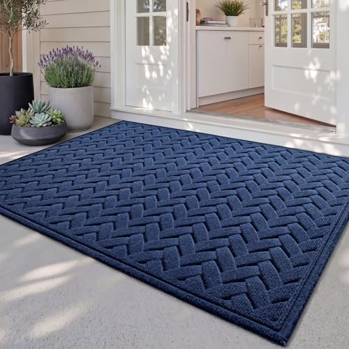 DEXI Front Door Mat Outside Entrance 24x48 Heavy Duty Entry Floor Doormat | Wave Navy, Dirt Trapper, Rubber Back, Non Slip Low Profile Mats for Entryway Exterior Patio - color: Wave Navy, size: 24" X 48" (Rectangular)