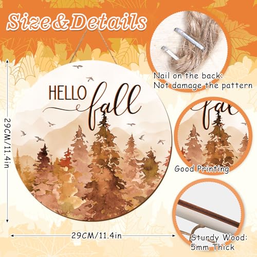 Whaline Hello Fall Forest Wooden Hanging Sign Rustic Watercolor Wood Welcome Door Sign for Autumn Thanksgiving Farmhouse Indoor Outdoor Home Porch Wall Decor - style: Fall