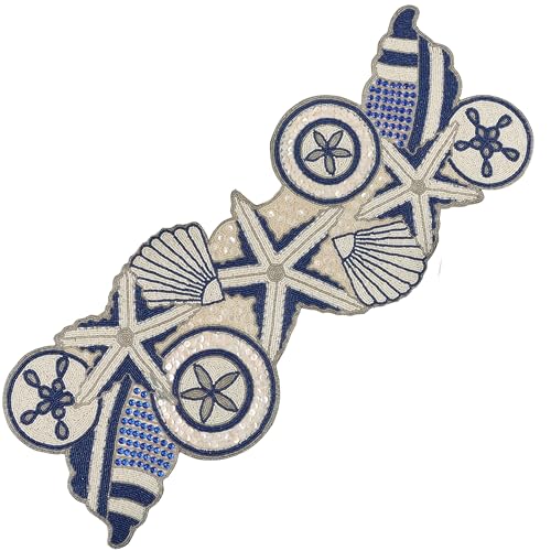 Beaded Table Runner - Handmade Glass Beads & Polyester Runner for Coffee & Dining Table, Elegant Star Pattern Decor for Home, Wedding, Holiday, Coastal or Boho Theme (Blue White) - ALPHA Living HOME - color: Navy Ivory