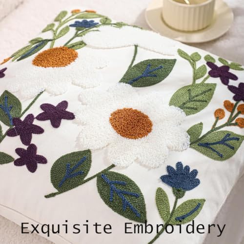 Embroidered Throw Pillow Covers 18x18 Pack of 2 Green Leaves Daisy - color: White Daisy