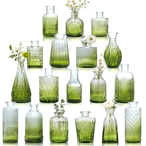 Petal Petite Small Green Glass Bud Vase Set of 18 for Wedding Centerpieces - color: Green