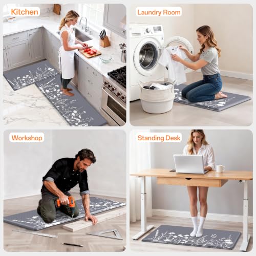 Kitchen Mats for Floor, 2-Piece Anti-Fatigue Kitchen Rugs, Grey - size: 17.3" x 30"+17.3" x 47"-0.4 inch