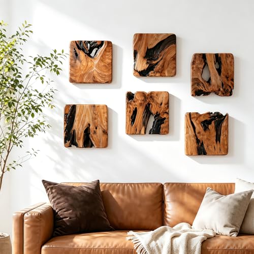 BOTALEGRE 4-Piece Cedar Wood Wall Art Set, Rustic Abstract Home Decor