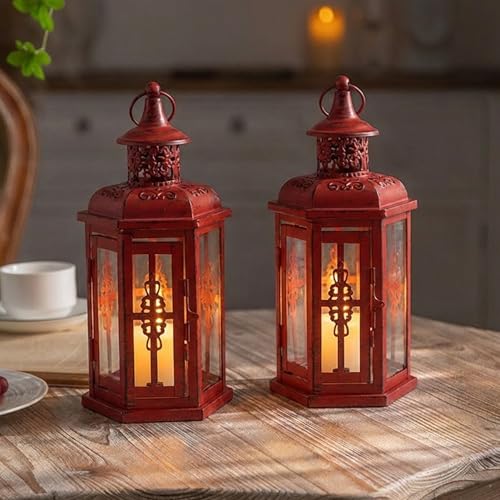 JHY DESIGN Set of 2 Decorative Candle Lanterns 10“H Vintage Hanging Lanterns Metal Candleholders for Indoor Outdoor Events Parities Gothic and Halloween (Red with Black Brush) - color: 10"h Set of 2 Red