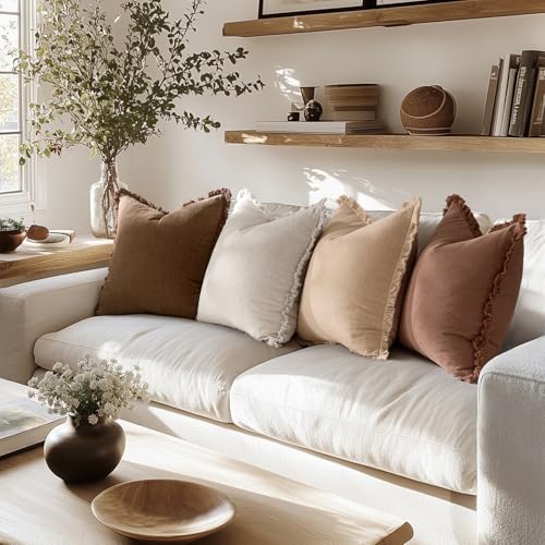 MIULEE Fall Linen Fringe Pillow Covers Set of 4 18x18 Beige/Brown - color: Brown, size: 18" x 18" (Pack of 4)