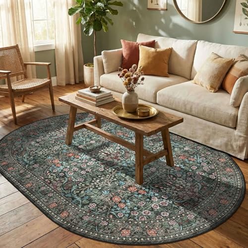 Floral 5x8 Oval Rug, Black Green Washable Boho Living Room Area Rug - color: Black / Multi, size: 5' x 8' (Oval)