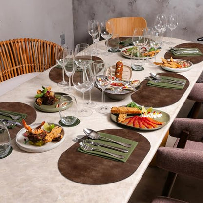 ADRIMER Oval Placemats Set of 6, Wipeable Faux Leather, Brown - color: Brown