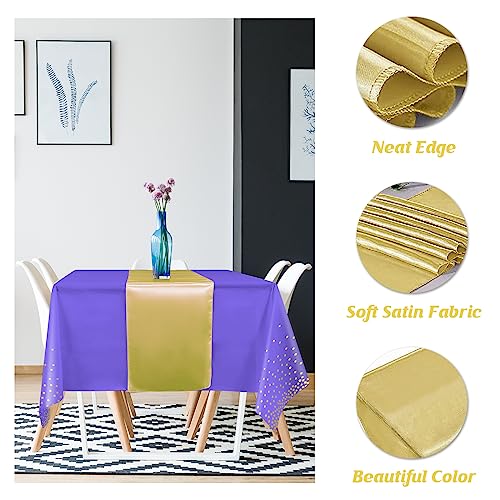 8Pack Disposable Plastic Tablecloths and Satin Table Runner Set Purple and Gold Dot Tablecloth Gold Satin Table Runner for Wedding Birthday Baby Shower Anniversary Christmas New Year Party Supplies - color: Purple and Gold, size: 8 Pack