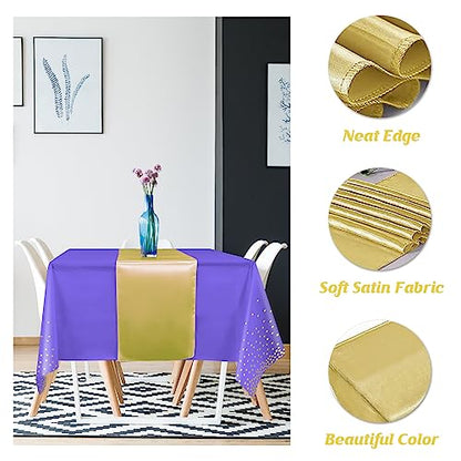 8Pack Disposable Plastic Tablecloths and Satin Table Runner Set Purple and Gold Dot Tablecloth Gold Satin Table Runner for Wedding Birthday Baby Shower Anniversary Christmas New Year Party Supplies - color: Purple and Gold, size: 8 Pack