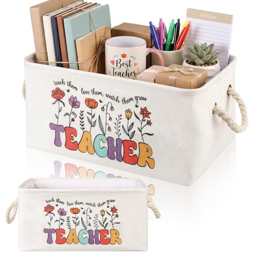 Marsui 1 Pcs Teacher Gift Basket Foldable Linen Storage Basket with Handles - color: White Brown, size: Teacher