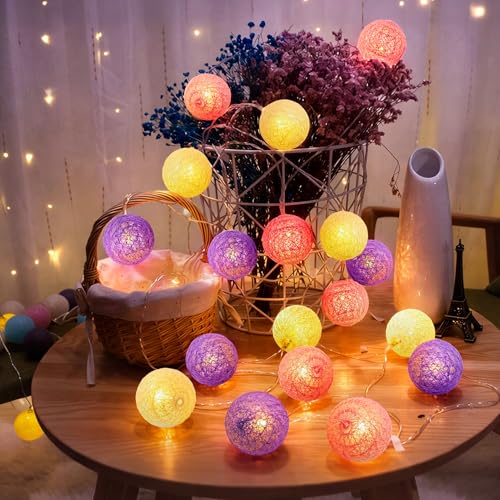 Anordsem Battery String Light Indoor: 6.88Ft/10 LED Cotton Ball Lanterns 2 Pack - Fairy Lavender Color Lighting Hanging Deco for Bedroom Party - Birthday Gifts for Babies Adults 25-50 - color: Lavender