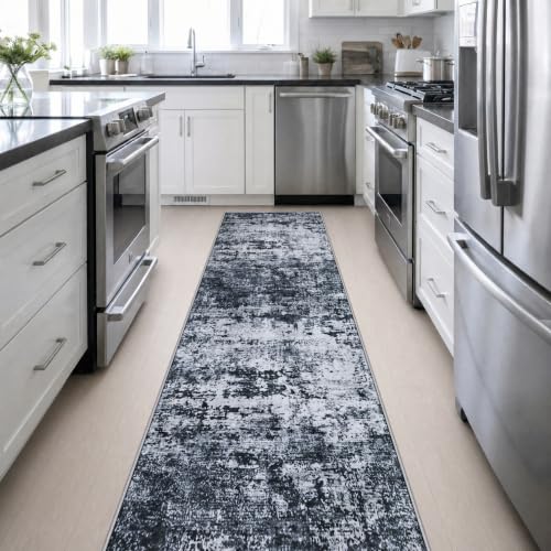 2.6x14 Washable Runner Rug:Modern Abstract Indoor Carpet Black - color: Black, size: 2'6" x 14' (Rectangular)