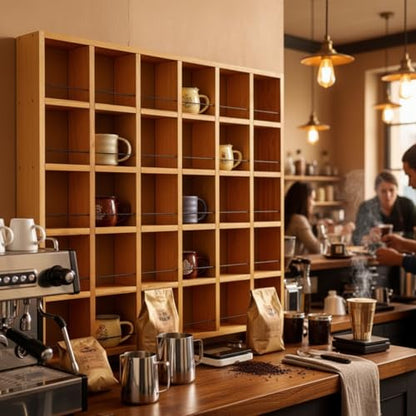 Kigley Oversize Coffee Mug Display Rack Wooden Shelves Rustic Shot Glass Display Case Travel Mug Shelf Wall Mounted Rack Holder Shadow Box (5 x 6,Light Nut-Brown) - color: Light Nut-brown, style: 5 x 6