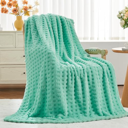NEWCOSPLAY 3D Waffle Checkered Flannel Queen Blanket, Aqua, 90"x90" - color: Aqua, size: Queen(90"x90")