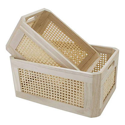 Rattan Woven Wooden Storage Basket Set of 2, Round‑corner Rectangular - size: Rectangle A - 2-Piece Set (Large & Small)