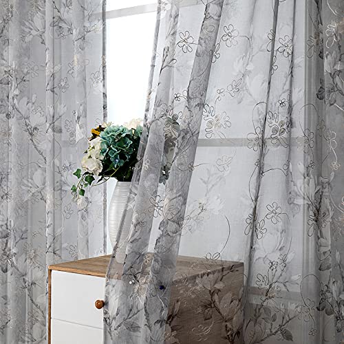 Tollpiz Floral Short Grey Sheer Tier Curtains Flower Print Vine Embroidery Kitchen Half Curtain Rod Pocket Café Voile Window Curtains for Bathroom, 30 x 24 inches Long, Set of 2 Panels - color: Grey, size: 30"W x 24"L (Pack of 2)