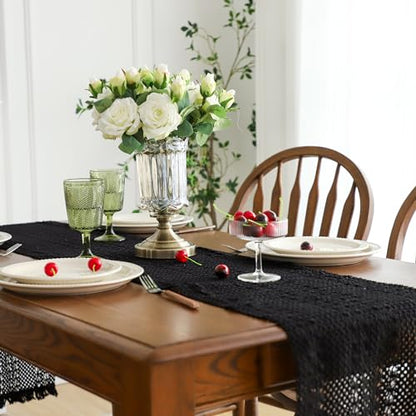 Simple&Opulence Boho Macrame 100% Cotton Table Runner - 12 x 72 Inch, Woven Farmhouse Table Runner with Tassels for Bohemian Rustic Wedding, Bridal Shower, Dinner （Black） - size: 12"x72", style: Cotton / Black