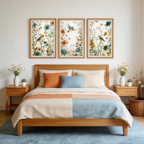 CHDITB 3 Pcs Boho Birds Flowers Framed Canvas Wall Art 16x24 Inch - color: Birds Wildflowers, size: 16"L x 24"W