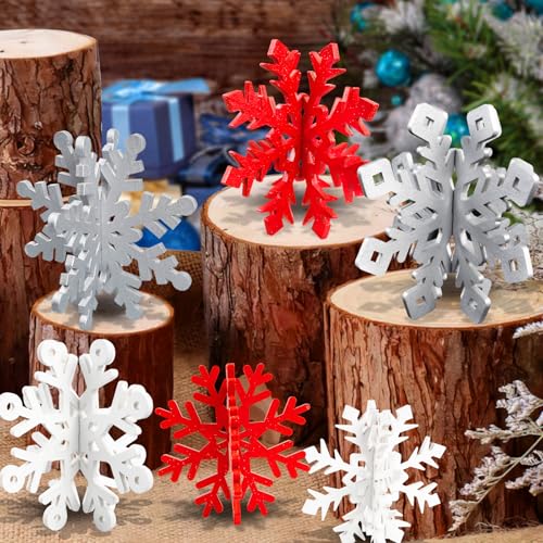 Wooden Snowflake Decorations, 3D Christmas Table Decorations, Set of 6 - color: White Silver Red, size: 6 set
