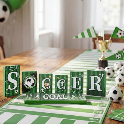 Smile Soccer GOAL Wooden Block Decor Set, 7-Piece Field Vertical Blocks Tiered Tray Tabletop Signs for Game Day & Sports Party Decorations - style: Soccer