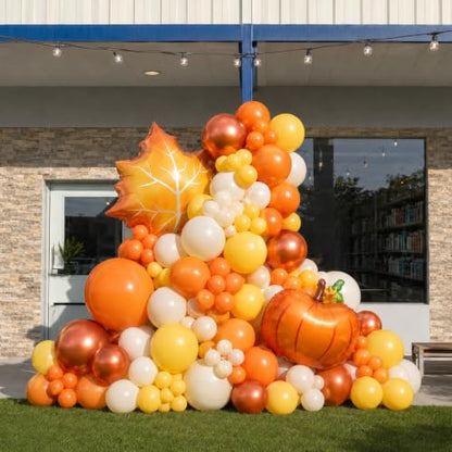 Fall Balloons 12Inch Burnt Orange Mustard Yellow Beige Thanksgiving Balloon - color: Orange Yellow White Leaf