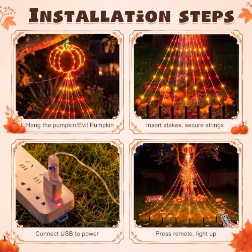 Gerrii 14FT Fall Pumpkin Waterfall String Lights, 270 LED USB Halloween - style: Autumn Pumpkin