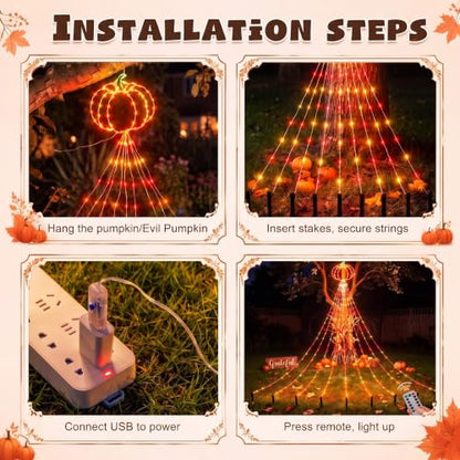 Gerrii 14FT Fall Pumpkin Waterfall String Lights, 270 LED USB Halloween - style: Autumn Pumpkin