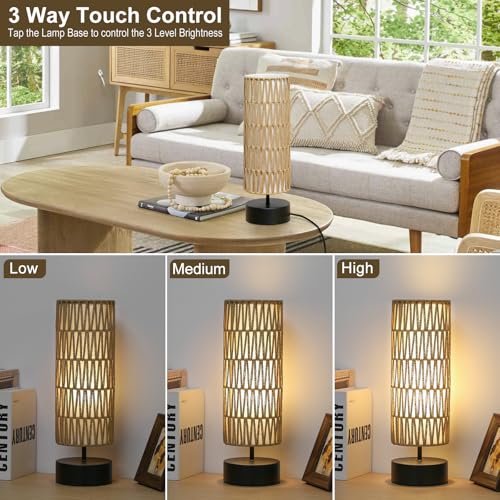 Rattan Table Lamp, Touch Control Bedside Table Lamp with Black Base, 3 Way Dimmable Nightstand Lamp with Dual-layer Shade, Boho Night Light for Bedroom Living Room Home Office, 9W LED Bulb Included - color: Black Base with Rattan Shade