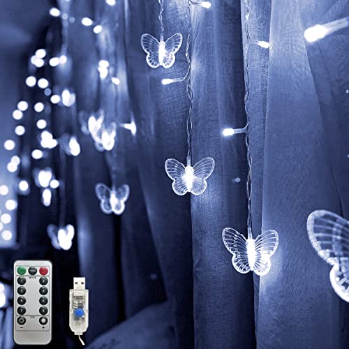 Butterfly Curtain Fairy Lights USB Plug in,8 Modes 120 LED 20FT Firefly Twinkle Timer String Lights with Remote, Waterproof Copper Wire for Bedroom Patio Christmas Wedding Party (Cool White) - color: Cool White