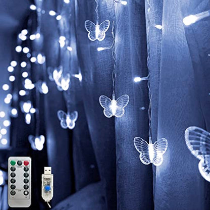 Butterfly Curtain Fairy Lights USB Plug in,8 Modes 120 LED 20FT Firefly Twinkle Timer String Lights with Remote, Waterproof Copper Wire for Bedroom Patio Christmas Wedding Party (Cool White) - color: Cool White