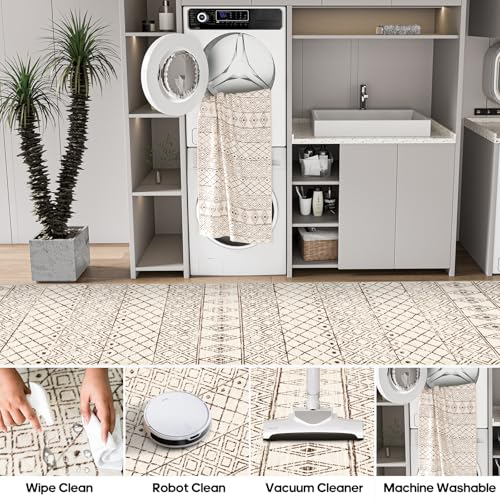 4x8 Geometric Beige Hallway Runner Rug: Moroccan Machine Washable Runner - color: Geo Beige, size: 4' x 8' (Rectangular)