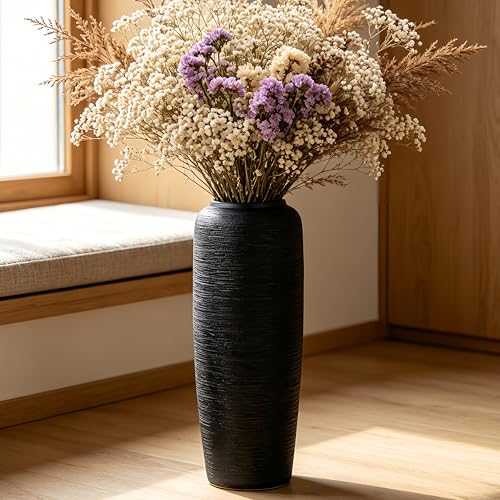Black Rustic Ceramic Floor Vase, 19.7 Inch, Ribbed Texture - size: 19.7 Inch