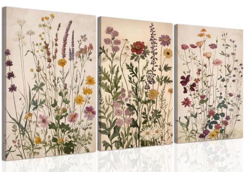 Vintage Floral Wall Art Set of 3, Nature Wildflower Canvas Wall Decor Colorful Botanical Prints Pictures Artwork for Bedroom Living Room Office 12x16 Inch Framed - color: Retro Wildflowers, size: 16L"x12W"