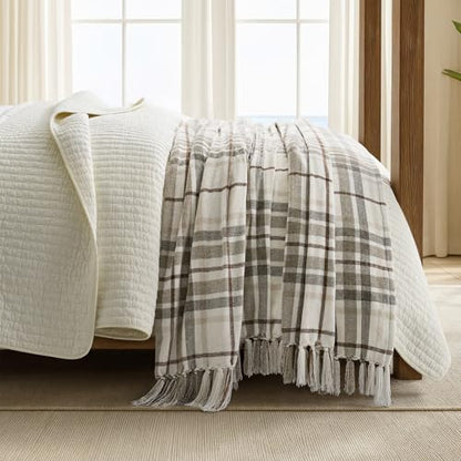 EverGrace Plaid Chenille Queen Blanket for Bed, 90"x90", Beige - color: Plaid Beige & White, size: 90"x90"