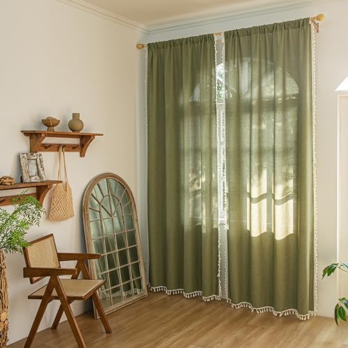 Sutuo Home Boho Curtains for Bedroom 84 Inches Long, Bohemian Linen Textured Curtains with Tassels, Semi Blackout Farmhouse Drapes, Rod Pocket Window Treatments 2 Panels, 52" x 84", Olive Green - color: Olive Green Linen, size: 52"W x 84"L (Pack of 2)