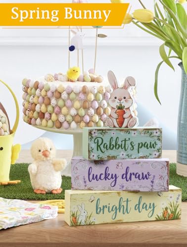 Spring Easter Dec Bunny Wooden Tabletop Decor with Rabbit’s Paw/Luck Draw/Bright Day Signs, Spring Farmhouse Spring Table Decorations for Home Indoor, Green Purple Beige Wood Blocks Set of 4 - size: Spring Rabbit
