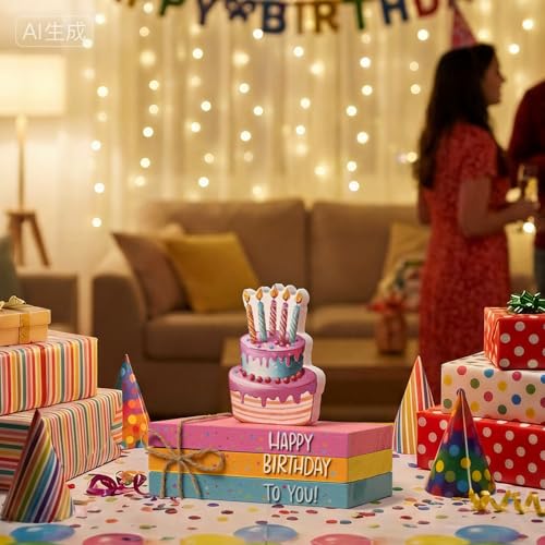 Smile Birthday 나무 장식, 미니 인조 책 번들, 나무 사인 블록 다채로운 생일 축하 계층형 트레이 센터피스, 홈 오피스 농가 책상 선반 벽난로 파티 장식용 소박한 테이블 탑 - style: 생일 케이크