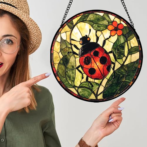 Ladybug Flower Stained Glass Window Hanging Suncatcher Gifts for Women 12" - color: Red and Black, size: 11.8x11.8 IN