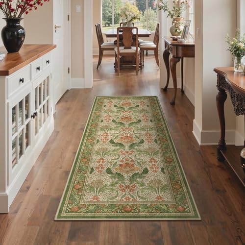 Bavni 2x5 Runner Rug, Washable Vintage Floral Rug, Green & Orange - color: Green & Orange, size: 2' x 5' (Rectangular)