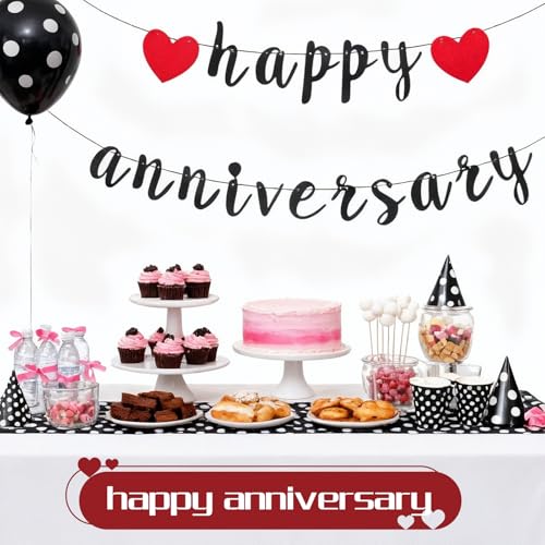 Black Happy Anniversary Banner, Anniversary Party Decorations